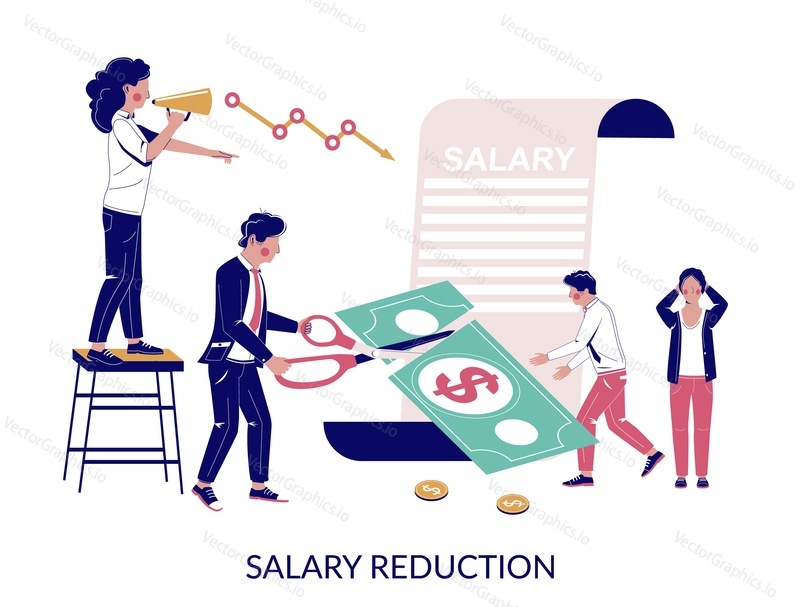 Salary reduction, vector flat illustration. Employer cutting dollar banknote with scissors, stressed and confused employees taking pay cut. Wage reduction, recession, business fall, economic collapse.