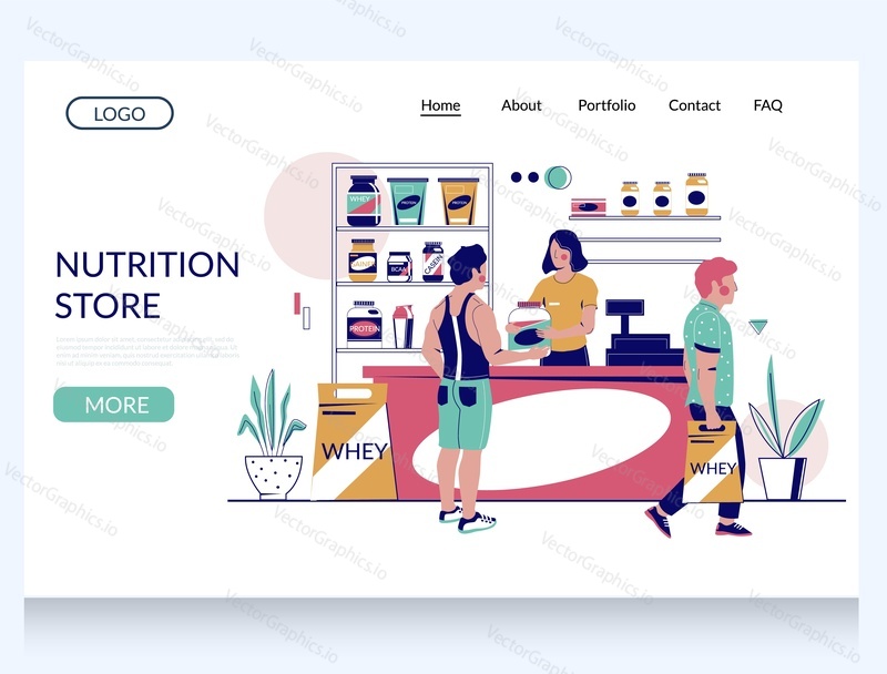 Nutrition store vector website template, landing page design for website and mobile site development. Saleswoman at cash register and happy athletes buying sports nutrition and fitness supplements