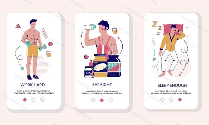 Healthy lifestyle mobile app onboarding screens. Menu banner vector template for website and application development. Athlete training, drinking protein shake, sleeping. Fitness, diet, healthy sleep.