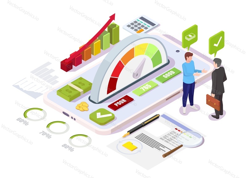 Isometric credit score gauge with good range on mobile phone screen, customer and lender characters, flat vector illustration. Digital good history personal ranking. Online credit score service.