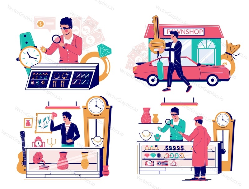 Pawnshop set, vector flat isolated illustration. Pawnbrokers offering loans in exchange for valuable personal things such gold, diamonds, antiques, mobile phones, cars as collateral. Pawnshop services