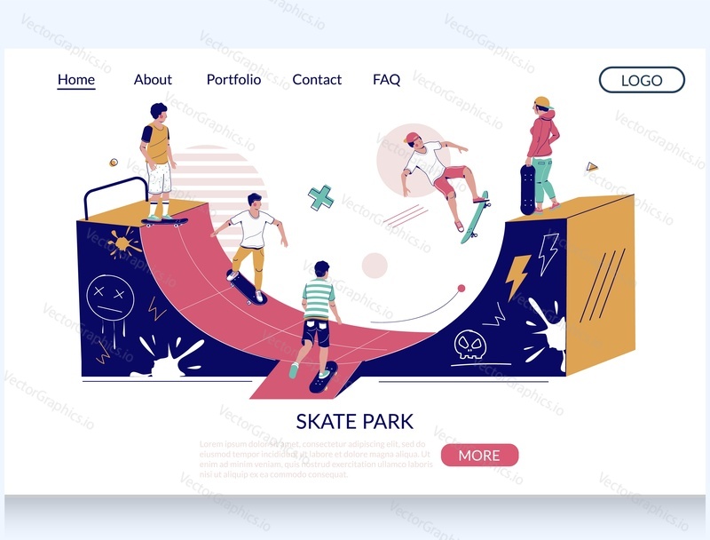 Skate park vector website template, landing page design for website and mobile site development. Happy teens boys and girl skateboarders riding skateboards, learning to skate on ramp in city park.
