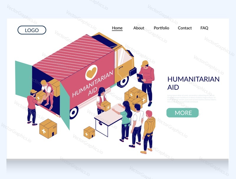 Humanitarian aid vector website template, landing page design for website and mobile site development. Volunteers unloading humanitarian aid truck and giving cardboard boxes to people waiting in line.