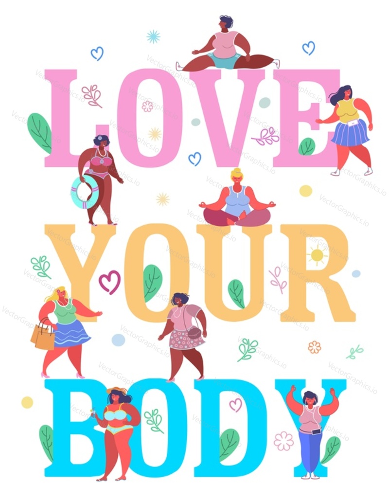 Love your body typography banner template, vector flat illustration. Happy diverse plus size women in summer clothes walking, sunbathing, sitting in yoga pose, training, shopping Body positive concept