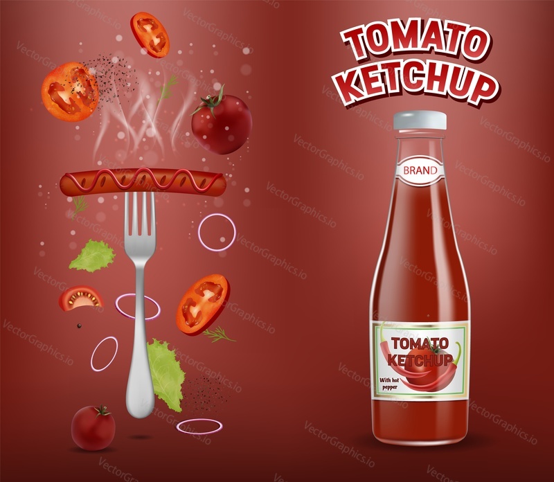 Tomato ketchup advertising poster template, vector illustration. Realistic ketchup packaging glass bottle mockup, flying fresh and ripe tomatoes, fork with tasty sausage.