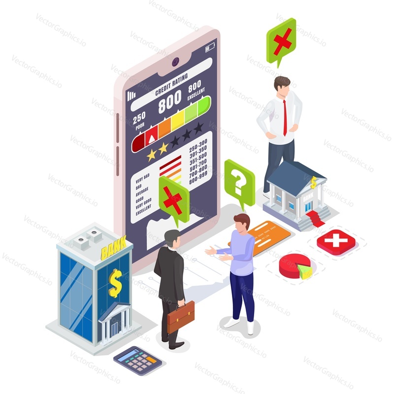 Isometric business people and mobile phone with bad credit score information on screen, flat vector illustration. Low personal credit rating online report, bad history.