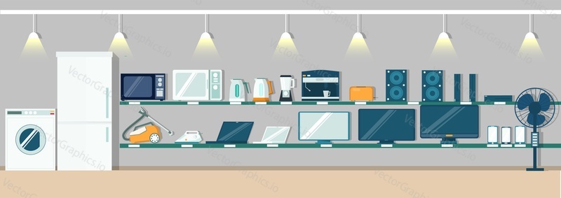 Modern electronics store interior, vector flat illustration. Fridge, washing machine, other consumer electronic products and home appliances on shelves for poster, banner etc.