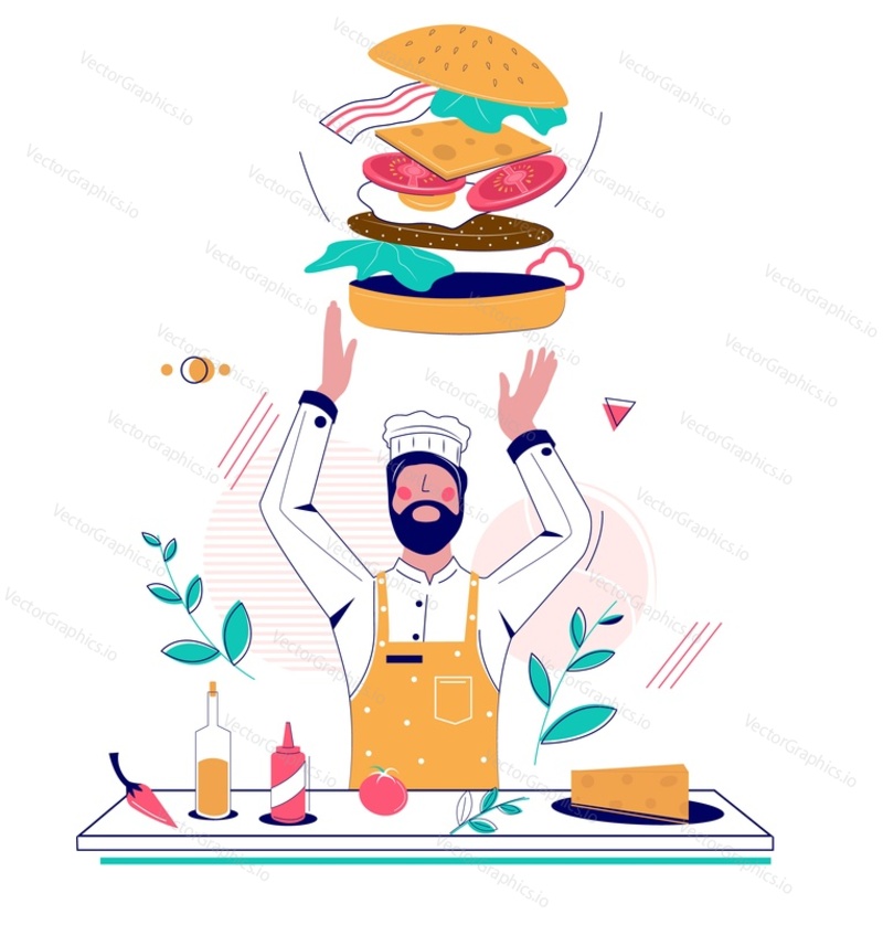 Man in chef hat burgermaker holding huge burger with meat patty, tomatoes, egg, lettuce, cheese and ketchup, vector flat illustration. Burger house concept for web banner, website page etc.