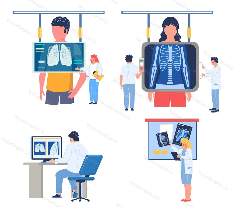 Fluorography lungs checkup procedure set, flat vector illustration. Doctor radiologist doing fluorography or chest xray screening, analysing fluoroscopy images. Roentgen photography, chest radiography