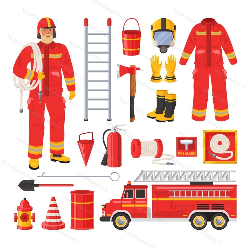 Firefighter uniform, tools and equipment set flat vector isolated illustration. Fireman, red fire engine, water hose, extinguisher, hydrant, ladder, axe, bucket, fire alarm, hook, helmet and gas mask.