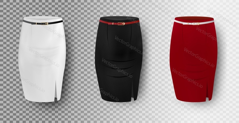 Black, white and red pencil skirt mockup set, vector illustration isolated on transparent background. Elegant slim fitting skirts. Women apparel, ladies clothing and fashion.