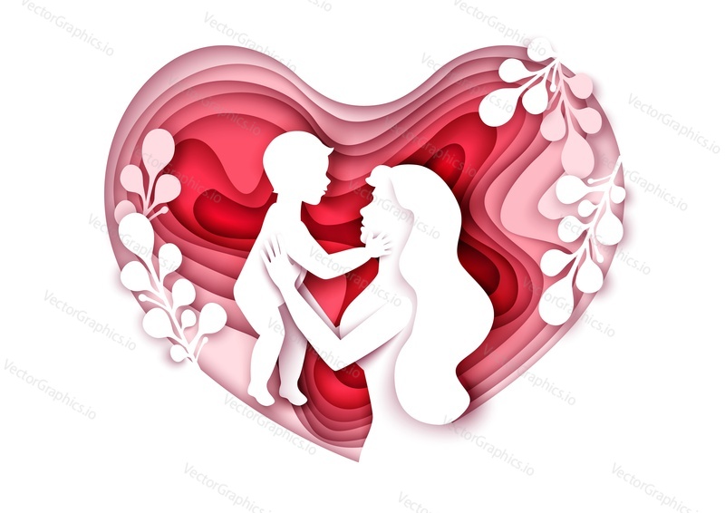 Mother holding her adorable baby boy, vector illustration in paper art craft style. Infant child and his mom in heart shape. Happy Mothers Day card, poster, banner etc.