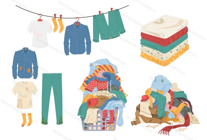 Laundry set, flat vector illustration isolated on white background. Laundry basket. Pile of dirty clothes. Clean and dirty white and color menswear, towels. Washed clothes hanging on clothesline.