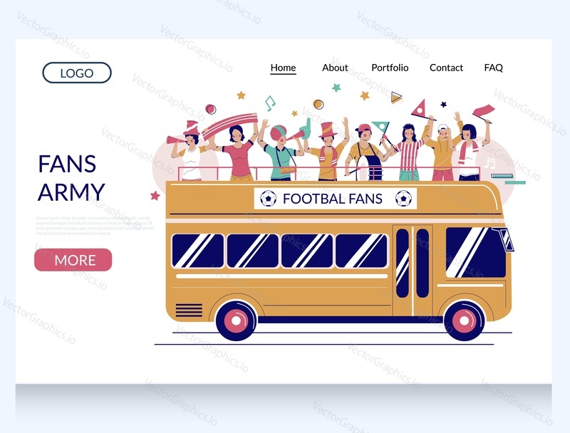 Fans army vector website template, landing page design for website and mobile site development. Football championship fan bus with happy people cheering for their favorite soccer team.