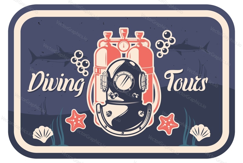 Diving tours vintage typography poster template, vector illustration. Aqualung, diving helmet, starfish, shark, pearl shells and bubbles. Summer beach activity, underwater swimming, tourism adventure.