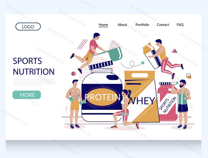 Sports nutrition vector website template, landing page design for website and mobile site development. Bodybuilders micro characters and huge containers with sports nutrition, food supplements.