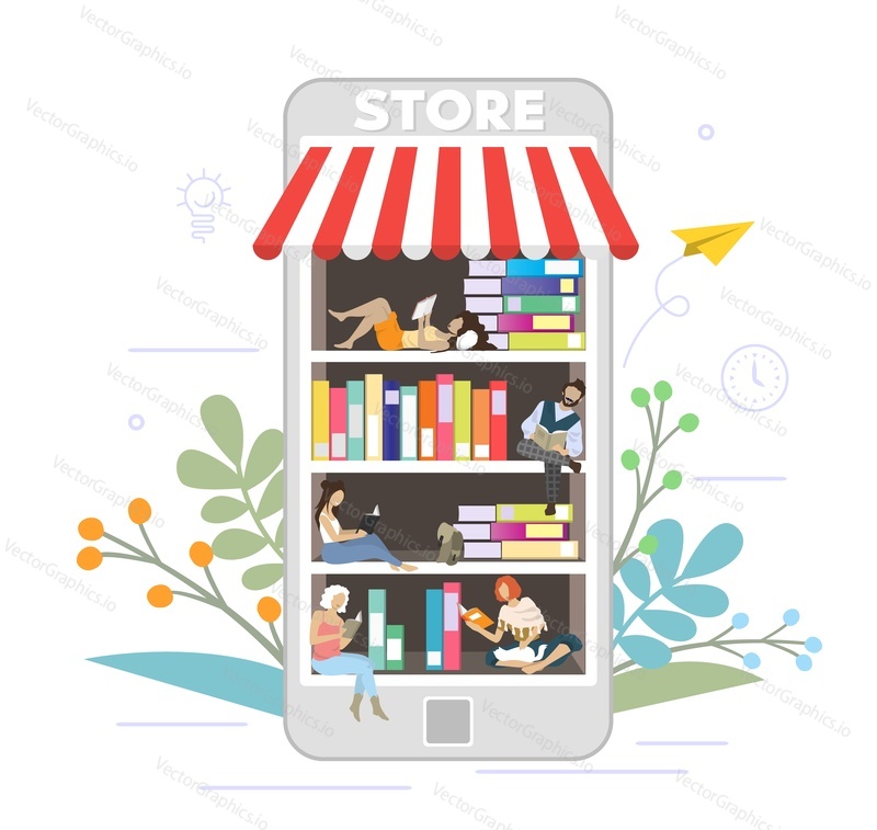 Huge smartphone bookstore with people reading books while sitting and lying on bookshelves, vector flat illustration. Book store online shopping concept for web banner, website page etc.