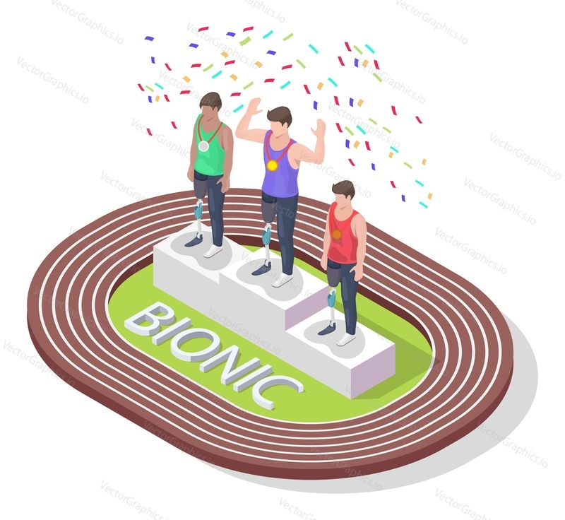 Isometric happy disabled athletes racing winners standing on podium, flat vector illustration. Race marathon competition winners with bionic leg prosthesis celebrating victory. Disabled lifestyle.