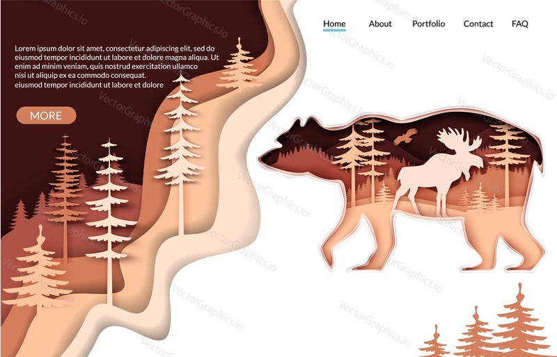 Nature vector website template, landing page design for website, mobile site development. Paper cut bear silhouette with forest landscape, elk inside. Beauty of nature. Save animals, protect wildlife.