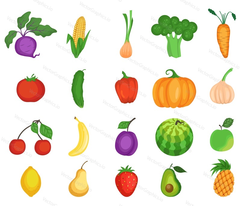 Fruit and vegetable icon set, flat vector isolated illustration. Fresh organic vegetarian foods, cartoon style. Kohlrabi, corn, onion, broccoli, carrot, tomato, cucumber, avocado apple pear lemon etc.