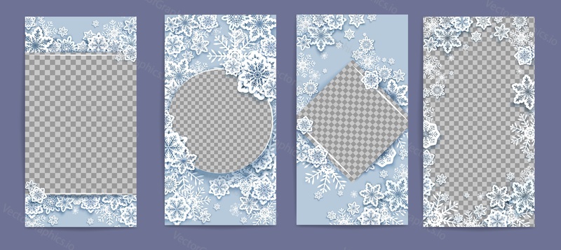 Winter social media story, Merry Christmas post, banner template set. Vector illustration in paper art style. Winter backgrounds, frames, mobile story wallpapers with paper cut snowflakes.