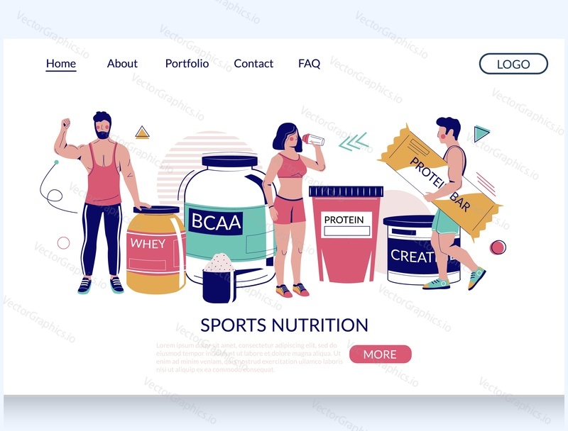 Sports nutrition vector website template, landing page design for website and mobile site development. Fitness and diet with sports food supplements whey protein powder, bar, creatine, bcaa, etc.