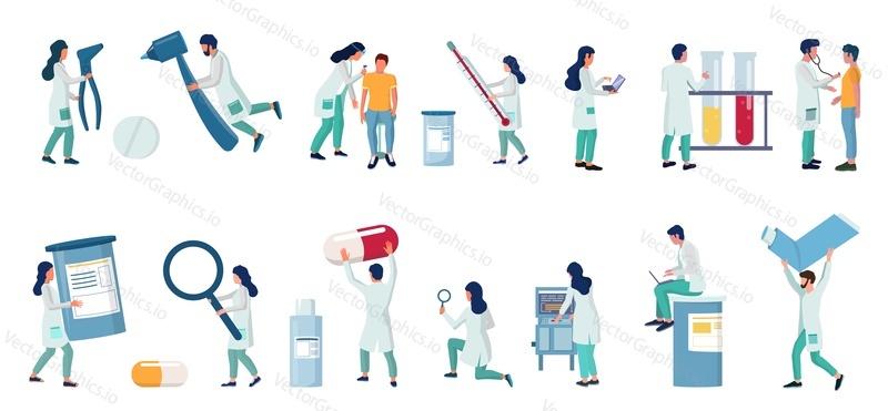 Medical specialists male and female characters vector flat isolated illustration. Doctors examining patients with medical tools, nurses, hospital staff, lab assistants in white coats. Medicine concept