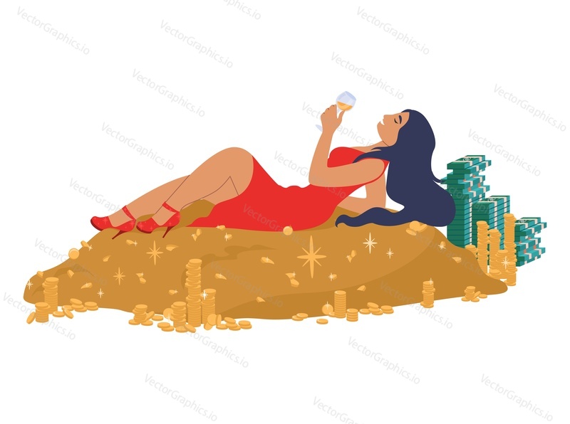 Happy successful woman lying on cash money pile, flat vector illustration. Rich girl with glass of champagne celebrating financial success. Wealthy business woman, beautiful lady millionaire.