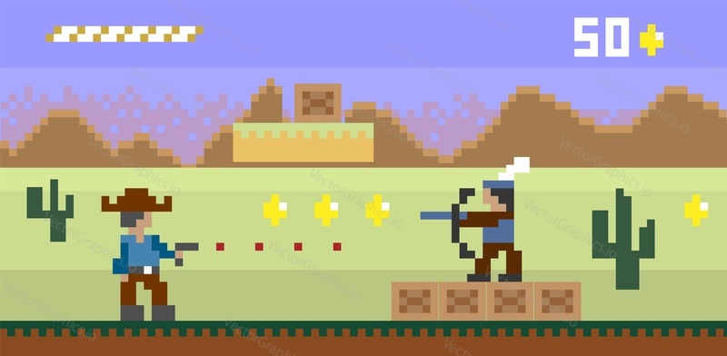 Pixel art style western video game vector template. Old wild west shooter game design with sheriff and native american indian characters shooting each other.
