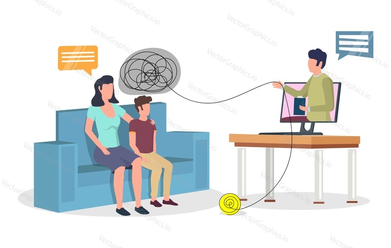 Online child psychologist counseling, flat vector illustration. Psychotherapy session of virtual doctor therapist, psychiatrist with school girl sitting on sofa with mother. Kids mental health.