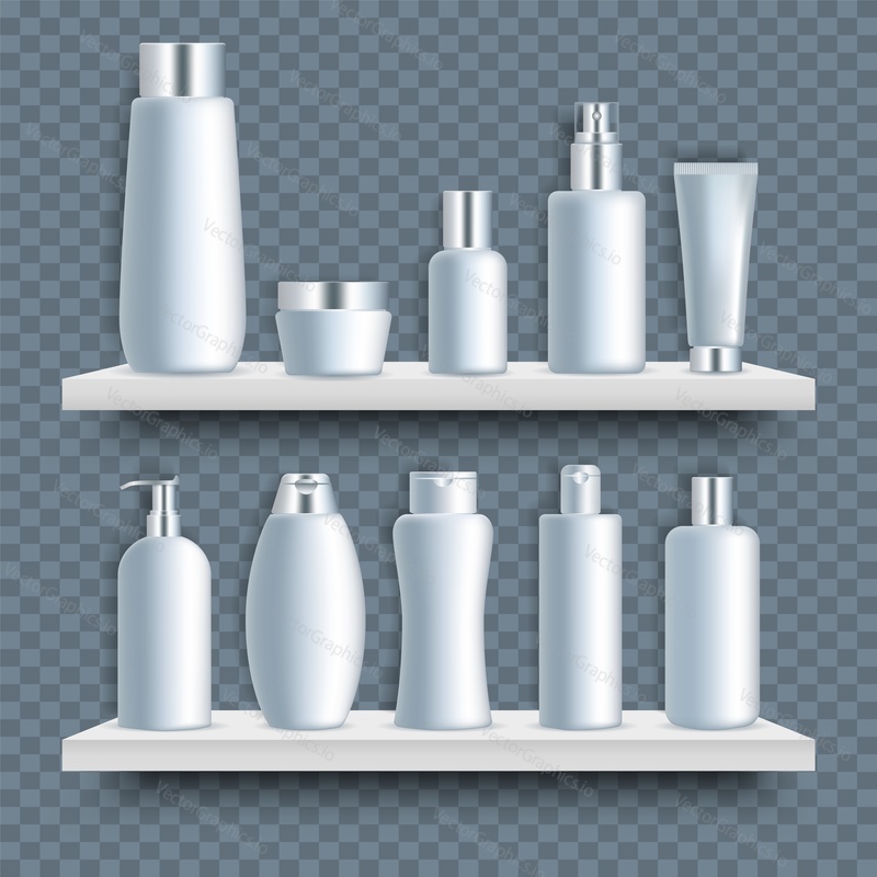 White blank bathroom cosmetic bottle mockup set, vector illustration. Realistic dispenser, spray, pump bottles on shelves. Packaging containers for cream, soap, lotion, shampoo other cosmetic products