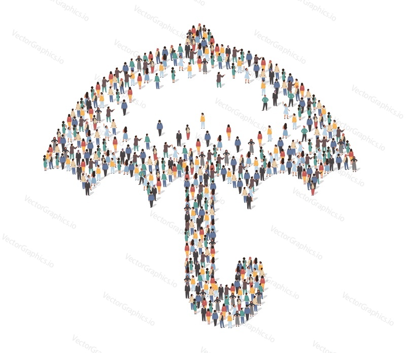 Large group of people standing together in the shape of umbrella, flat vector illustration. People crowd gathering. Social insurance concept.