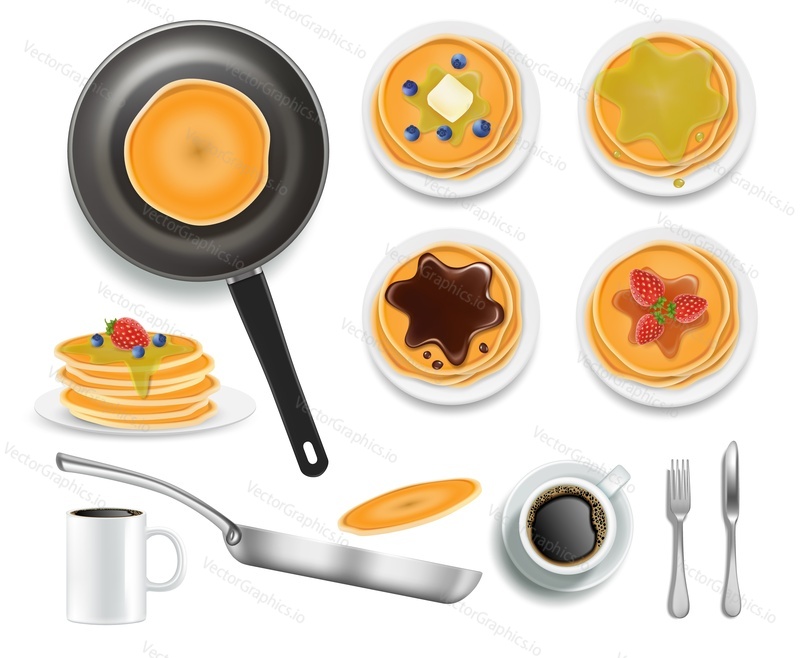 Fluffy pancakes with various toppings honey, chocolate, blueberry and strawberry fruits, vector isolated illustration. Realistic frying pan with pancake, coffee. Traditional american breakfast food.