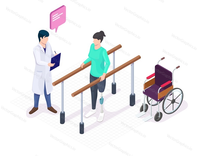 Isometric doctor physiotherapist helping female patient using leg prosthesis to take first step, flat vector illustration. Rehabilitation center, physical therapy treatment of people with disabilities