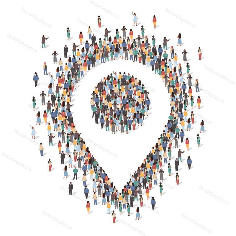 Large group of people standing together in the shape of map location pin sign, flat vector illustration. People crowd gathering. Geolocation, meeting point, travel destination concept.
