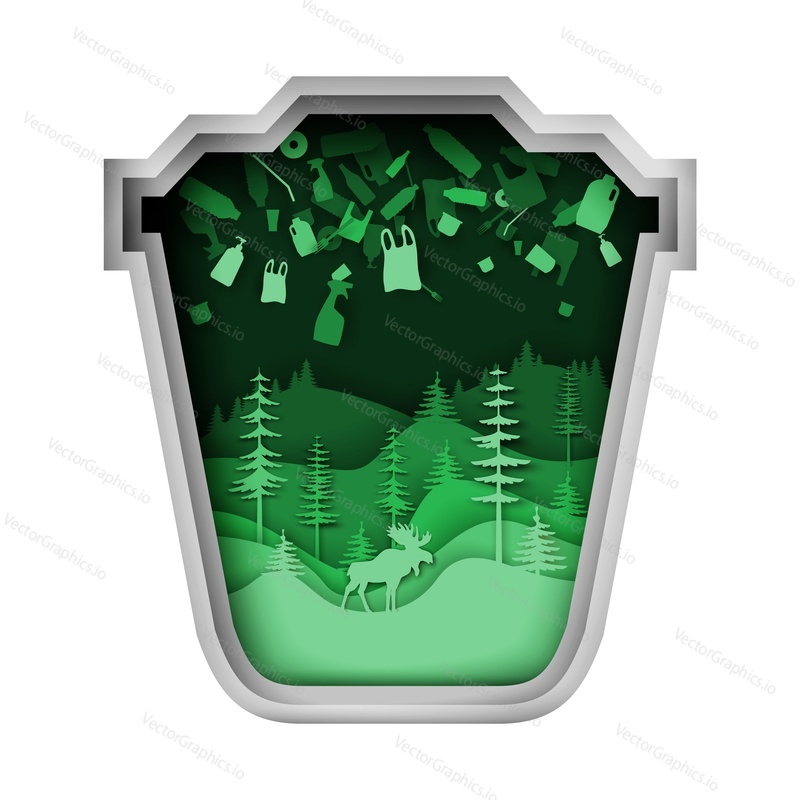 Green trash can, recycle bin with plastic garbage, forest nature and elk silhouette inside. Vector illustration in paper art style. Stop forest pollution, ecology, save environment and wild animals.