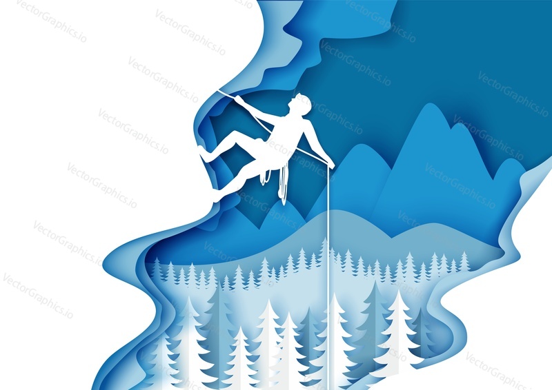 Vector layered paper cut style winter mountains landscape with alpinist male character climbing ice rock with rope. Extreme winter sports. Mountain hiking, mountaineering, ice climbing, adventure.