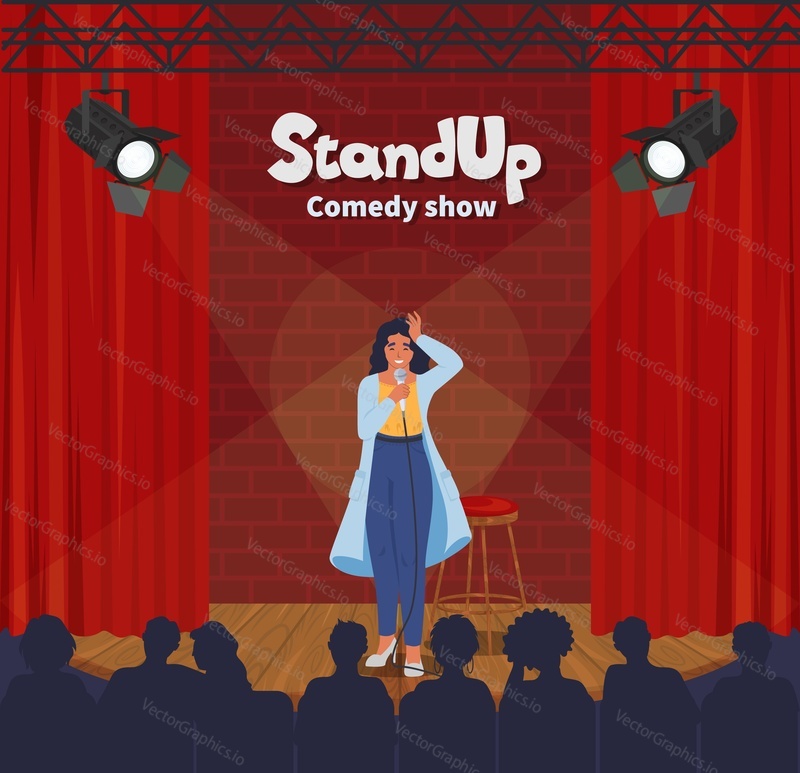 Stand up comedy show. Female comedian telling funny stories, jokes in front of the audience on theatre stage, flat vector illustration. Stand up live performance, entertainment event.