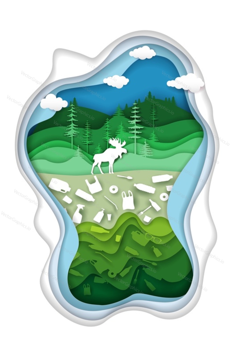 Environment pollution, vector illustration in paper cut craft style. Poisoned soil with plastic garbage landfill under forest. Save green forest from plastic trash, stop nature pollution.
