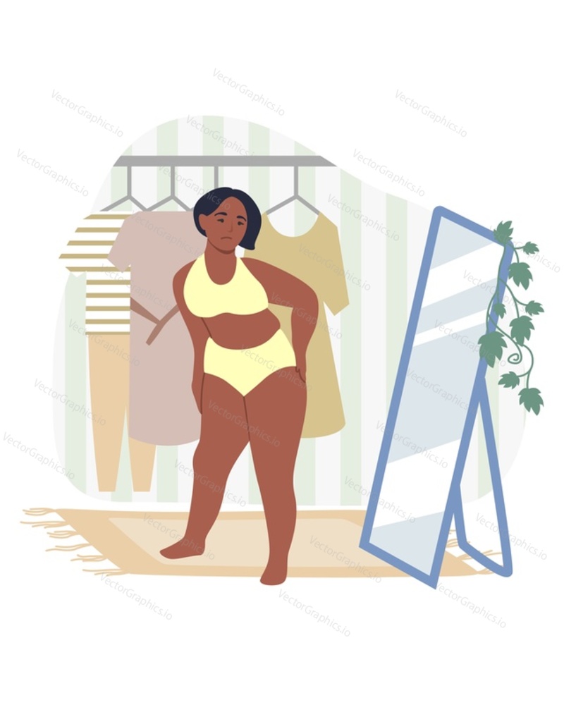 Obesity and weight problems. Sad overweight woman in underwear looking at herself in the mirror, flat vector illustration. Unhealthy eating and lifestyle. Dysmorphophobia.