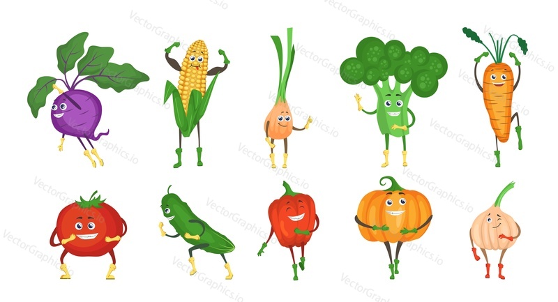 Cute and funny vegetable character set, flat vector illustration. Happy cartoon kohlrabi, broccoli, sweet corn, onion, carrot, tomato, cucumber, pumpkin, garlic, red pepper with faces. Healthy food.