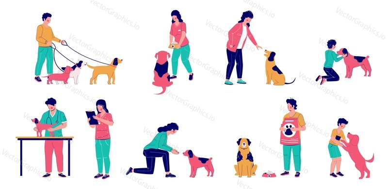 People with dogs, flat vector isolated illustration. Pet lovers, owners playing, walking with puppies in park, feeding, teaching dogs to perform commands, visiting vet, adopting animals from shelter.
