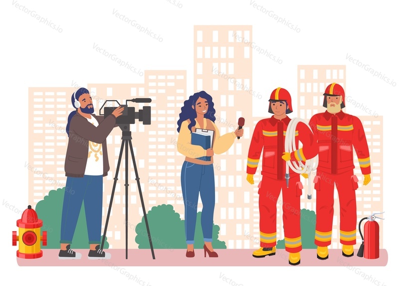 Female journalist, news reporter with microphone and cameraman shooting interview with two firefighters, flat vector illustration. Live reportage, breaking news broadcasting.
