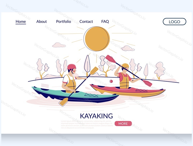 Kayaking vector website template, landing page design for website and mobile site development. Extreme whitewater kayaking, paddling activity, sport competition event.