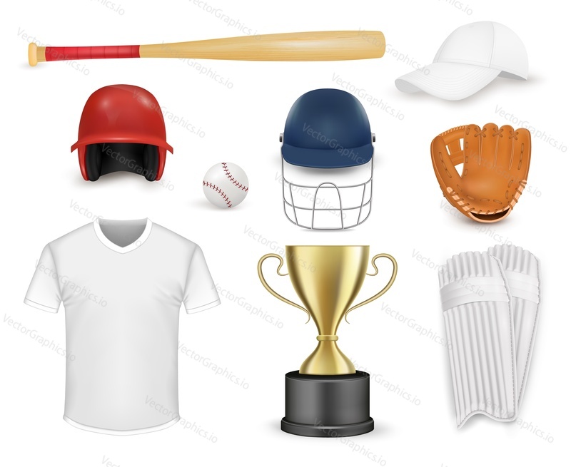 Baseball equipment set, vector isolated illustration. Realistic baseball player uniform, catcher gear. Cap, t-shirt, bat, ball, softball glove or mit, batting helmets, leg guards and winner cup.