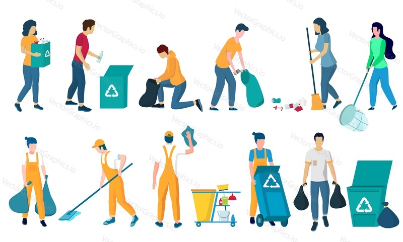 Cleaning company staff, male, female character set, flat vector isolated illustration. Cleaner lady, janitor man with home cleaning equipment. Floor and window washing, dusting, garbage collection.