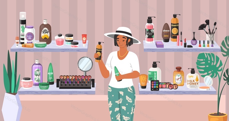 Happy woman buyer holding hair shampoo and aloe vera gel cosmetic bottles, flat vector illustration. Cosmetics store interior. Hair, face and body skincare, makeup and beauty products on shelves.