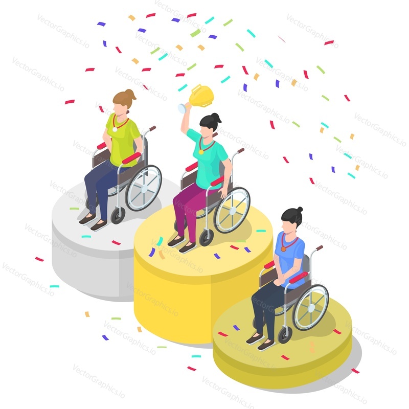 Happy female athletes in wheelchairs with trophy cup, medals on winner podium, flat vector illustration. Isometric top three competitors of sport event celebrating victory. Disabled people lifestyle.