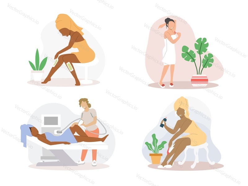 Young ladies doing hair removal procedures, vector flat illustration isolated on white background. Waxing, shaving razor, depilatory cream, laser hair removal types. Skincare and beauty concept.
