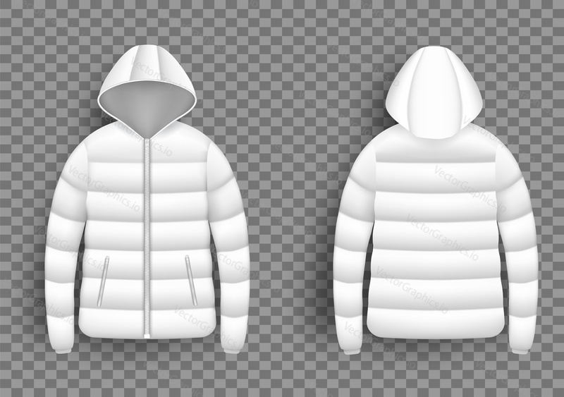White puffer jacket mockup set, vector illustration isolated on transparent background. Realistic modern hooded down jacket, padded coat, front and back view.